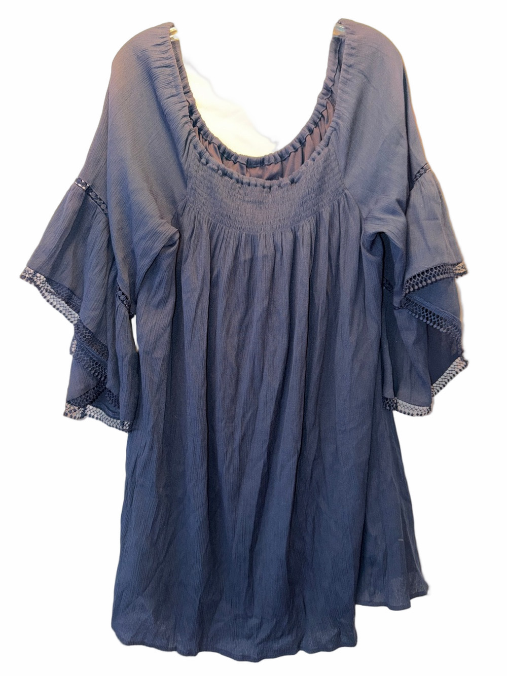 Off Shoulder Crinkle Dress, Ruffled Crochet Trim, Bell Sleeves, SZ 1X, (T2-333)
